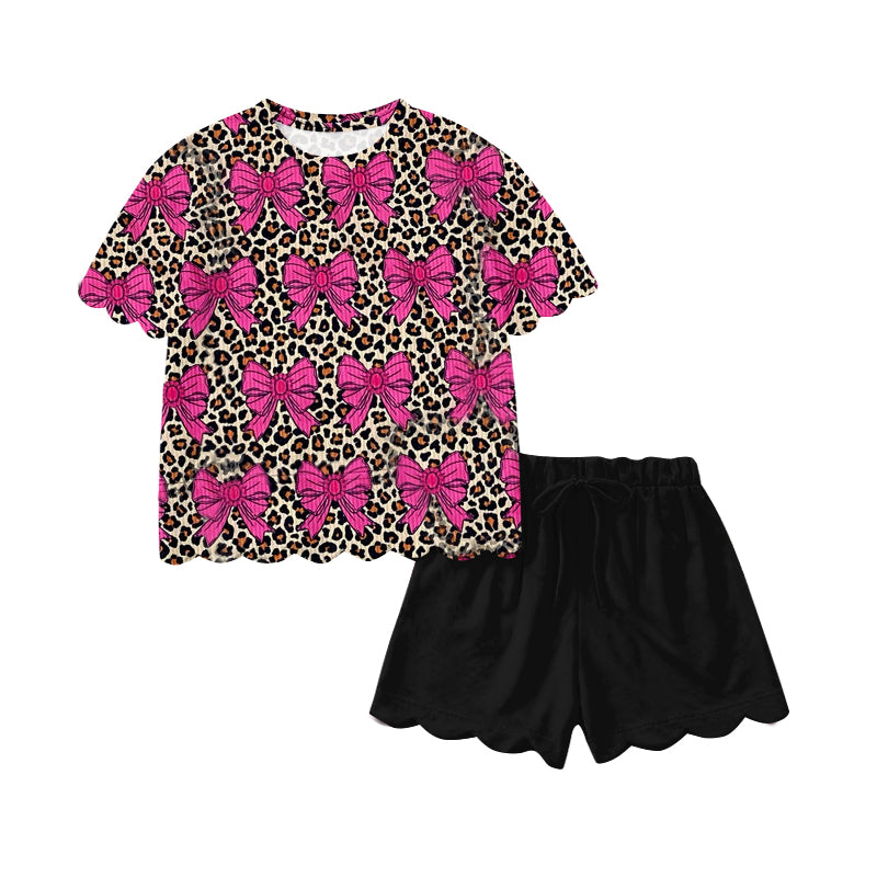 Leopard bow scallop top shorts girls summer outfit