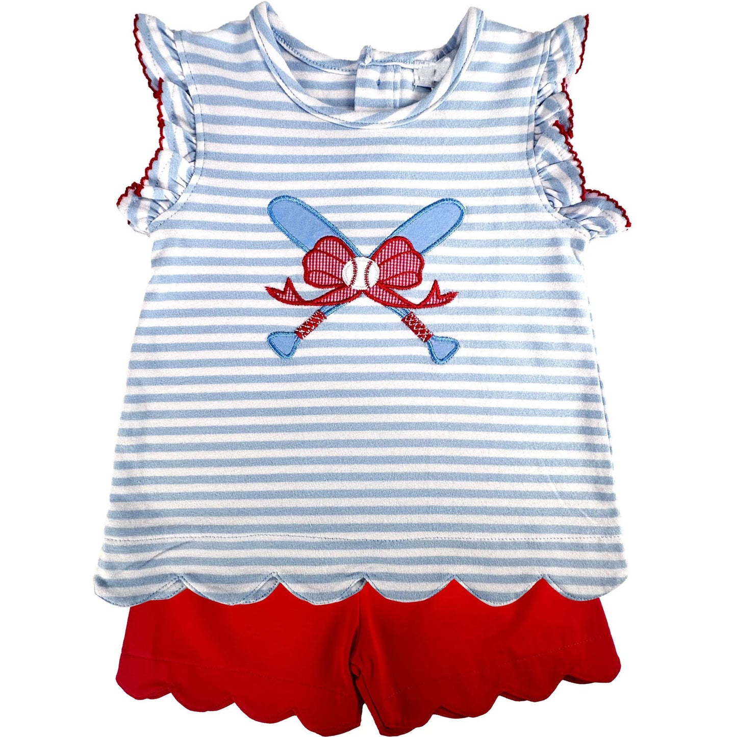 Baseball bow scallop top shorts girls summer outfit