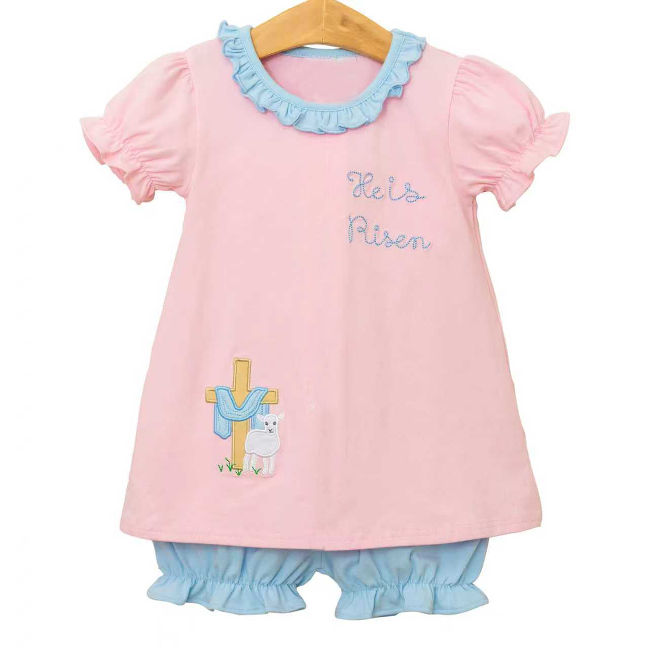 Short sleeves he is risen cross tunic shorts girls Easter set