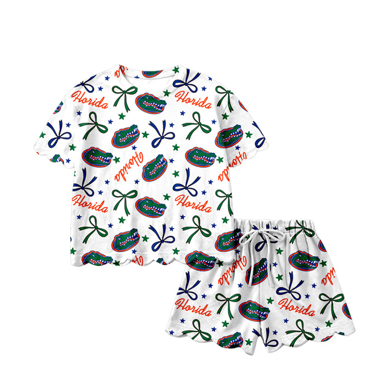 Short sleeves crocodile bow scallop girls team outfits