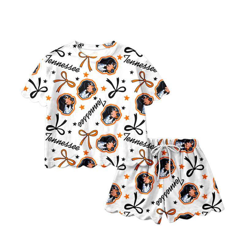 Short sleeves dog bow scallop girls team outfits