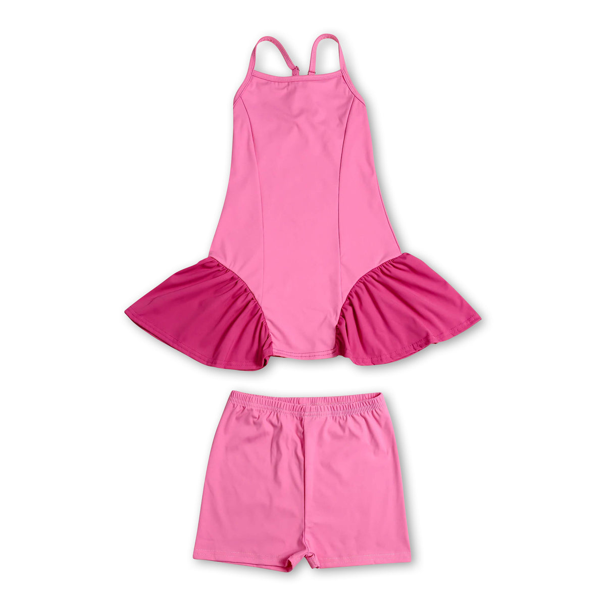 Straps pink patchwork athletic dress shorts girls active set