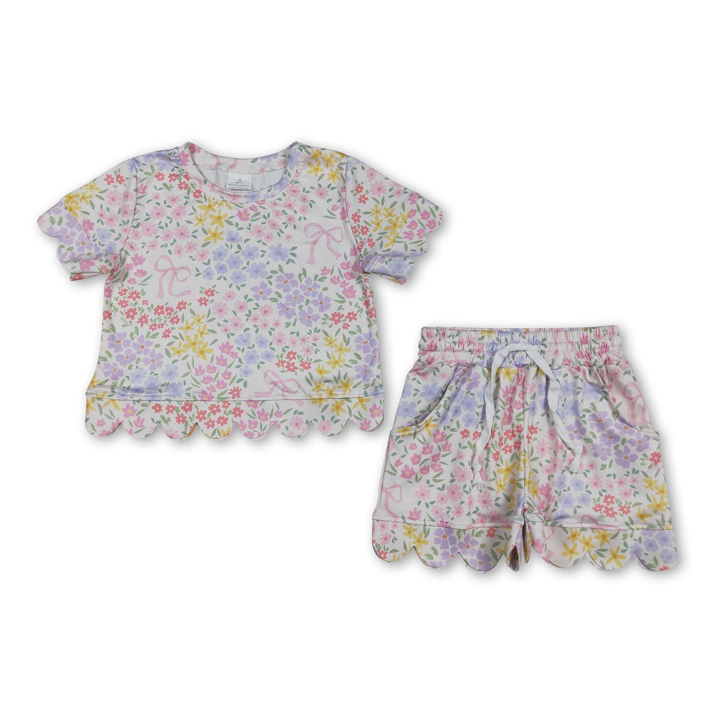 Short sleeves pink bow floral scallop kids girls summer outfits