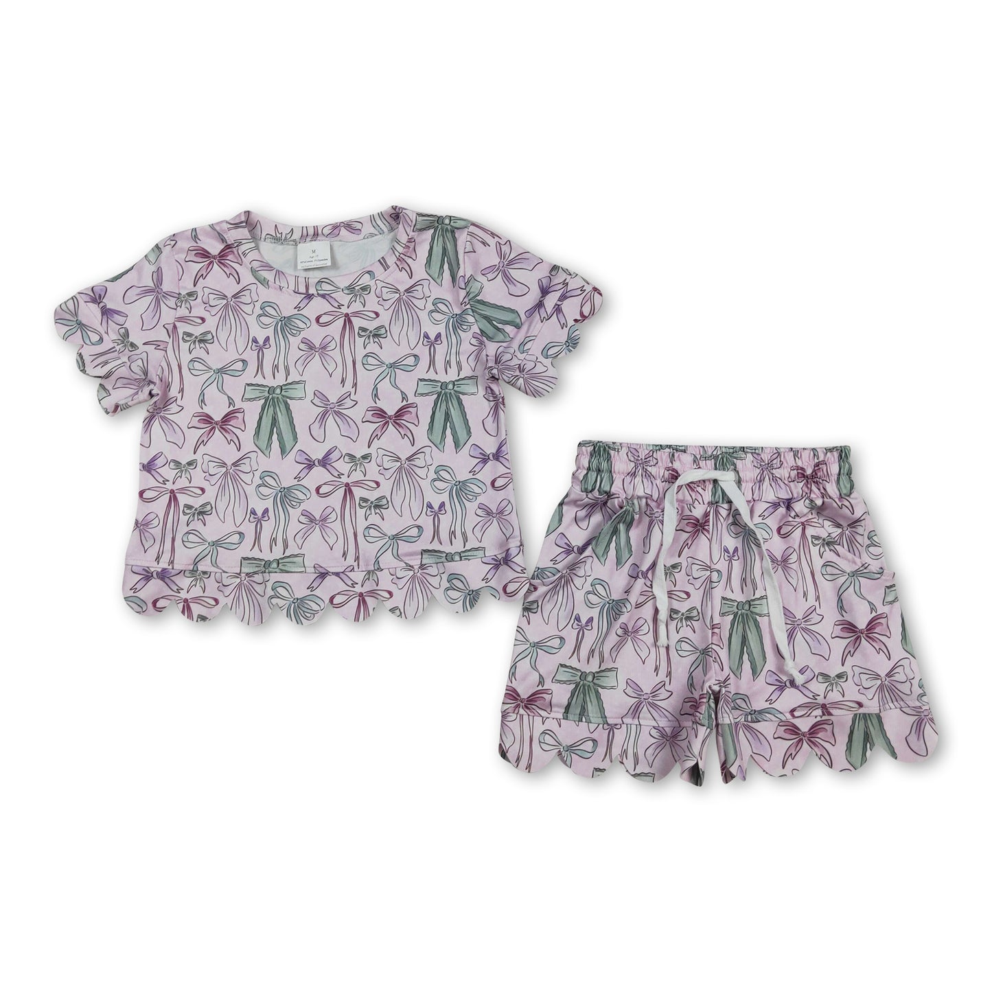 Short sleeves bows scallop top shorts girls summer clothes
