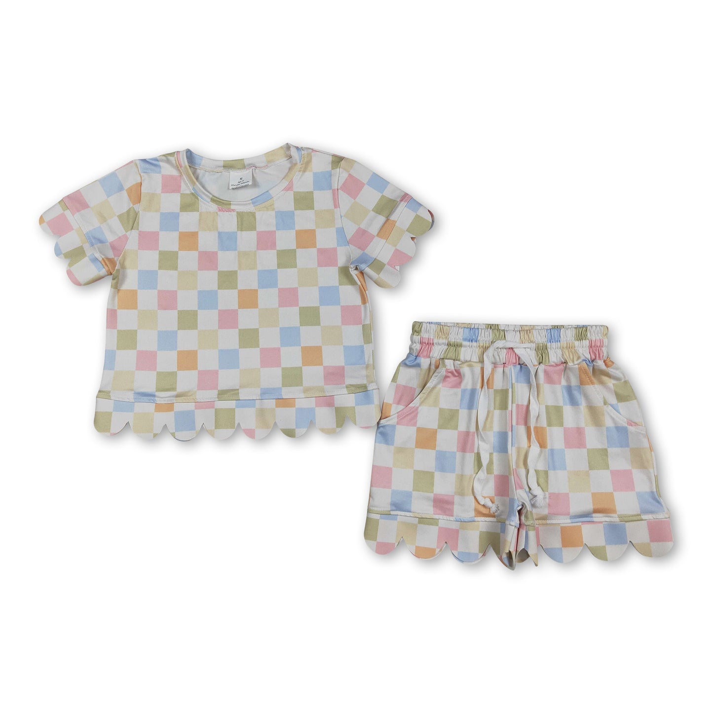 Short sleeves colorful plaid scallop top shorts girls outfits