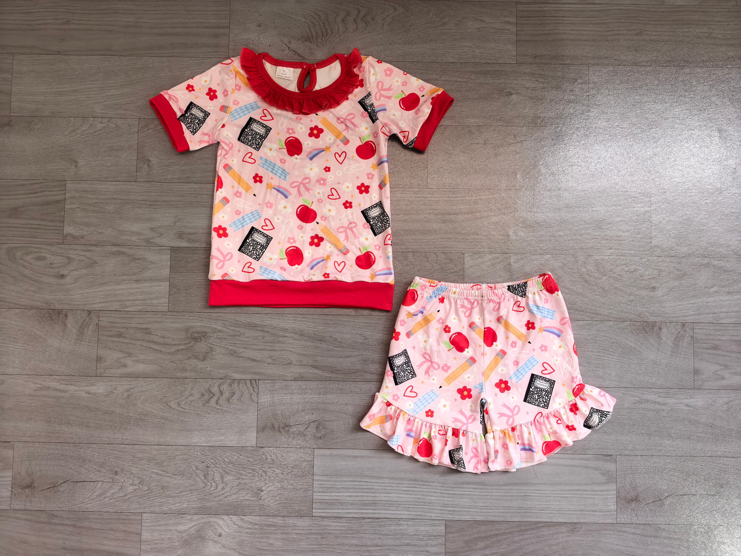 Short sleeves ruffle apple bow girls back to school outfits