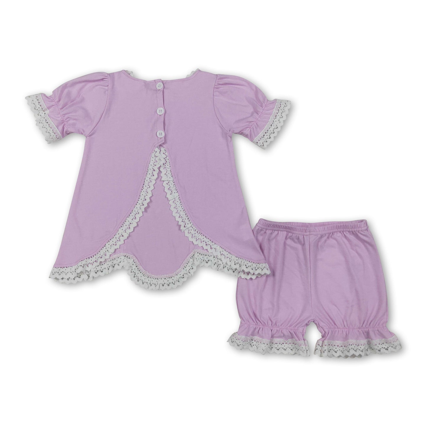 Short sleeves pink cotton lace top shorts girls summer outfits