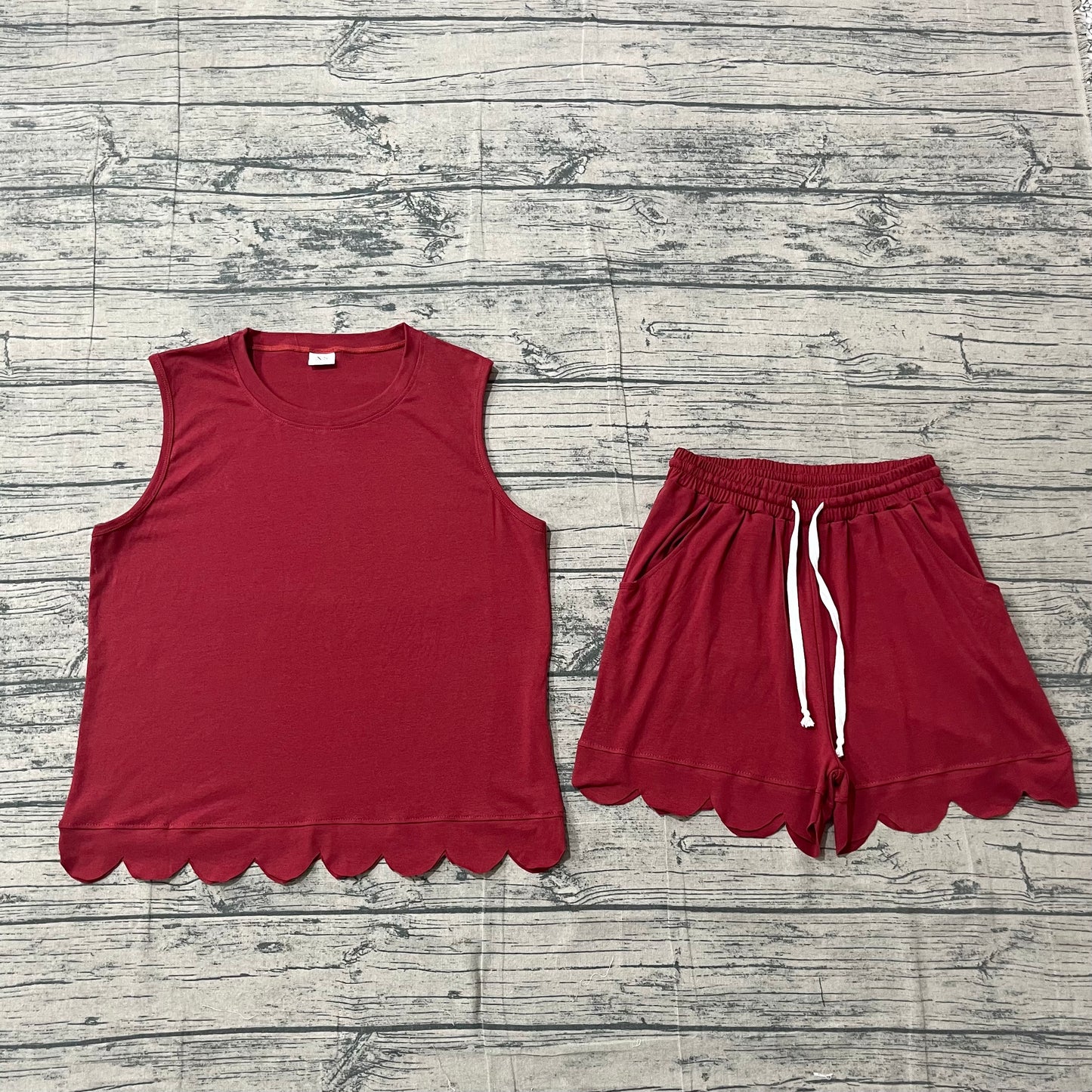 Maroon sleeveless cotton scallop top shorts women set
