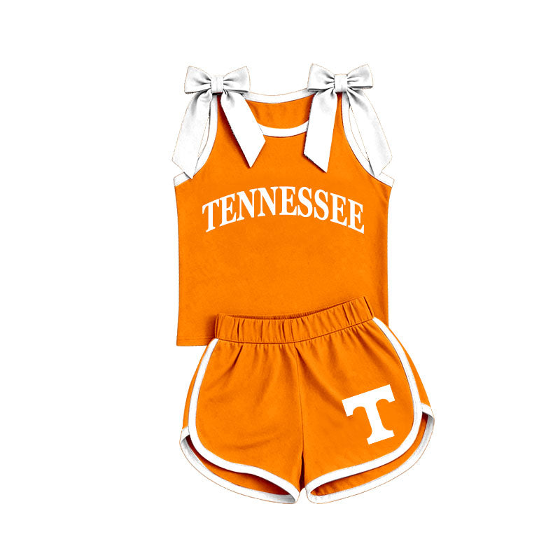 Sleeveless white bow orange top shorts T team girls outfits