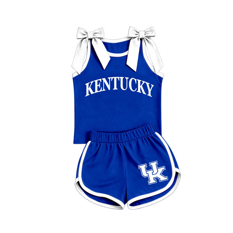 Sleeveless white bow blue top shorts U K team girls outfits