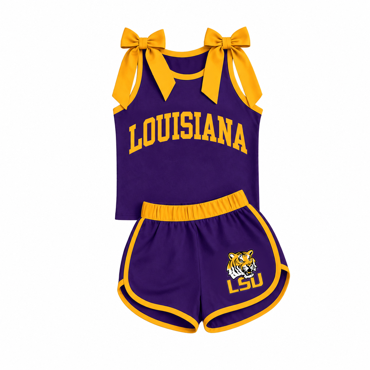 Sleeveless yellow bow purple top shorts tiger team girls outfits