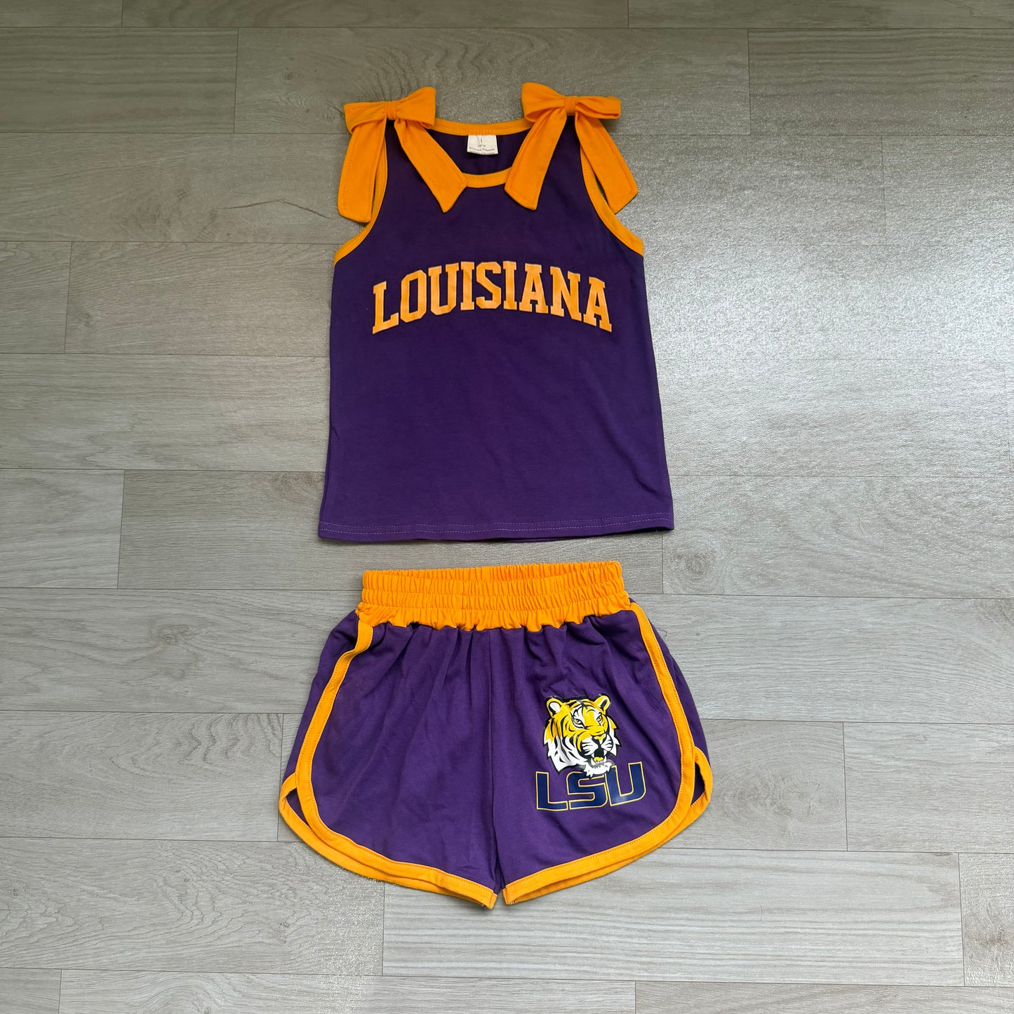 Sleeveless yellow bow purple top shorts tiger team girls outfits