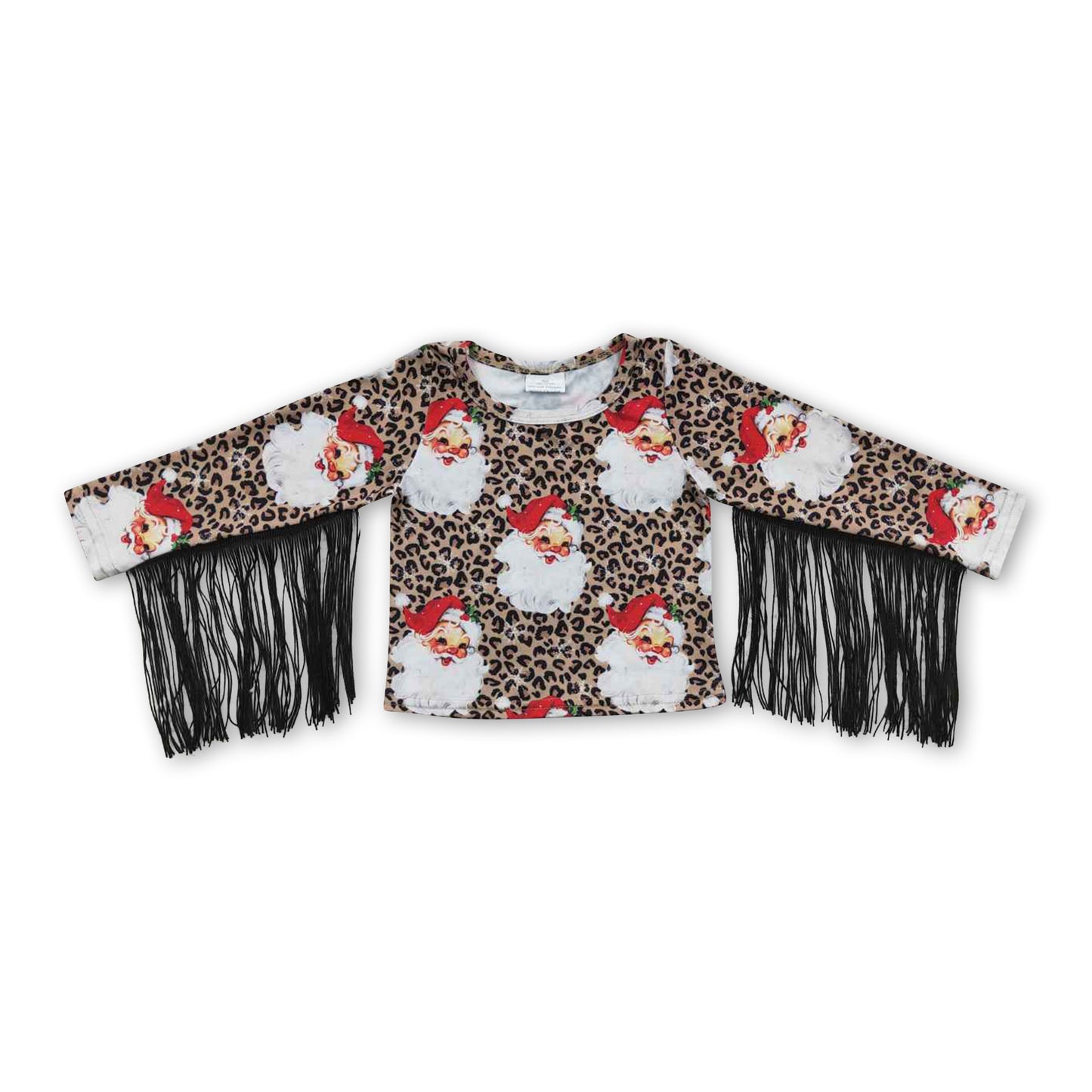 Long sleeves leopard santa tassels girls Christmas shirt ship from US