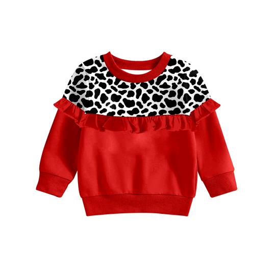 Cow print red long sleeves ruffle baby girls shirt