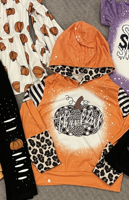 Long sleeves leopard thankful pumpkin girls hoodie