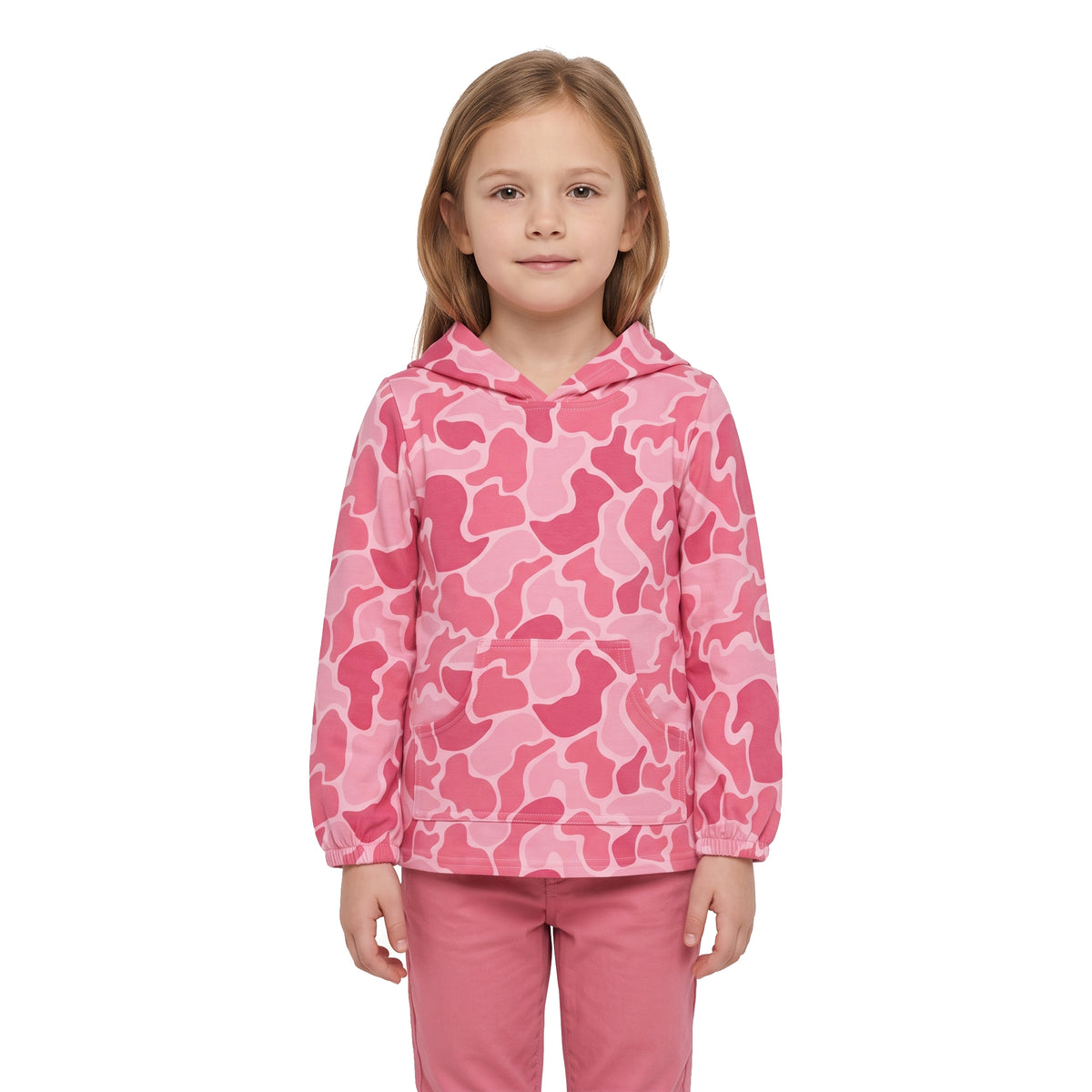Long sleeves pink camo pocket kids girls hoodie