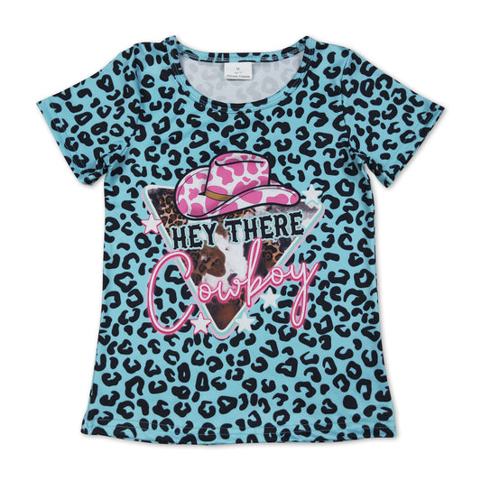 Short sleeves turquoise leopard cow hat girls shirt