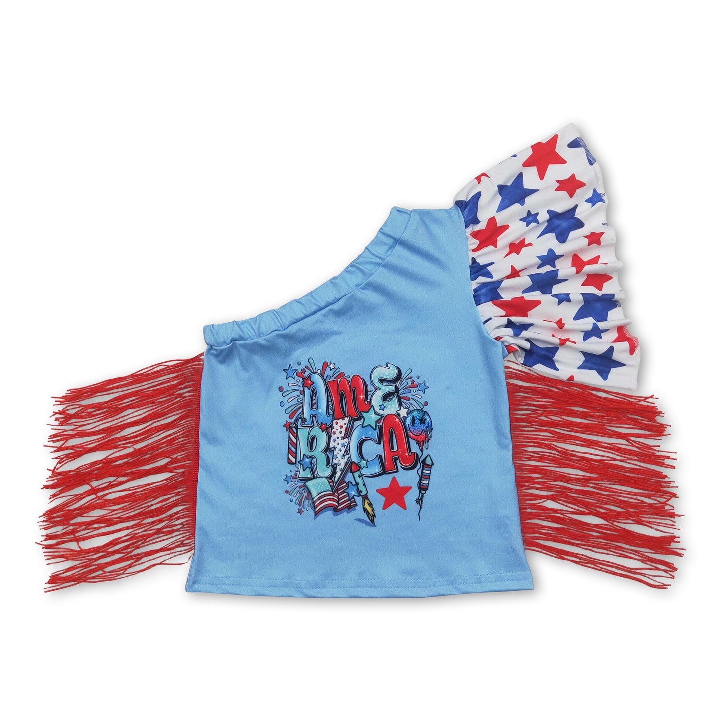 One shoulder stars tassels American girls 4th of july shirt