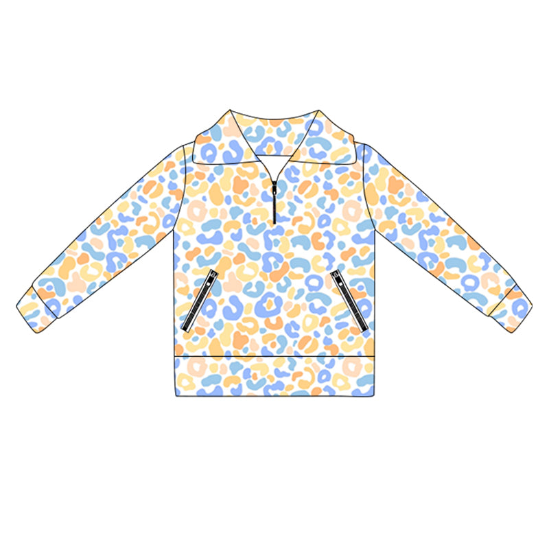 Long sleeves blue yellow leopard zipper girls activewear pullover