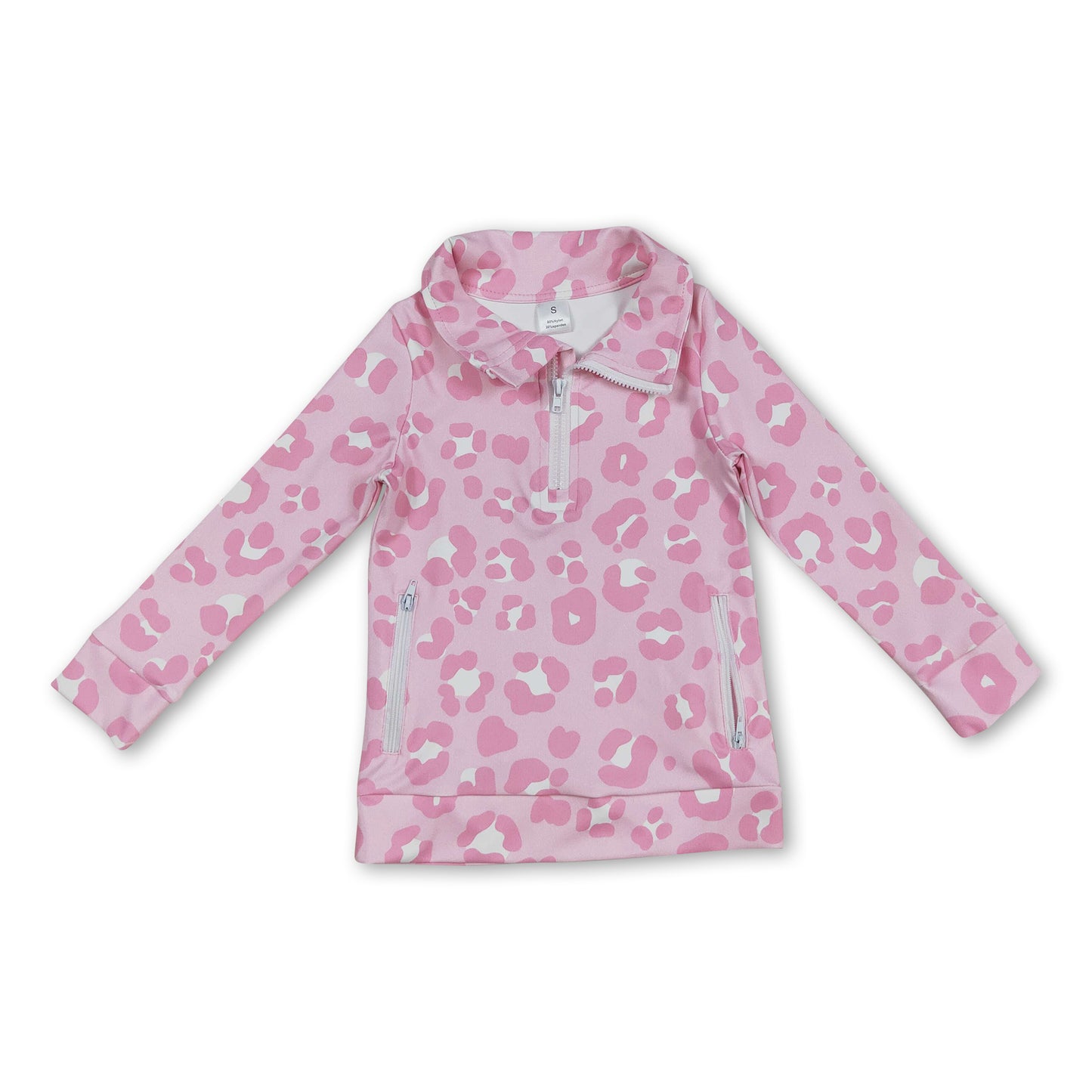 Long sleeves white pink leopard zipper girls activewear pullover