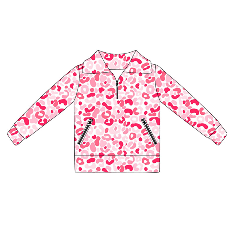 Long sleeves pink leopard zipper girls activewear pullover