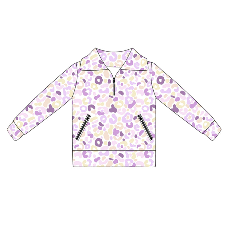 Long sleeves lavender leopard zipper girls activewear pullover