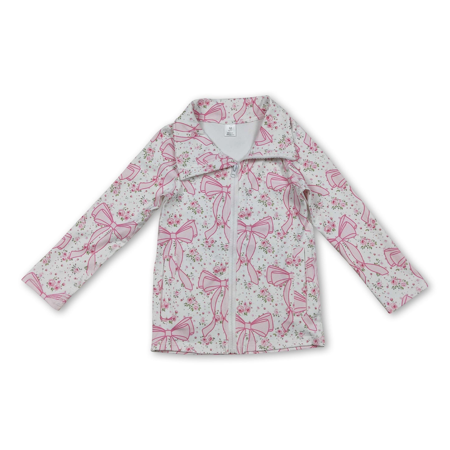 Long sleeves pink bow floral zipper kids girls yoga top