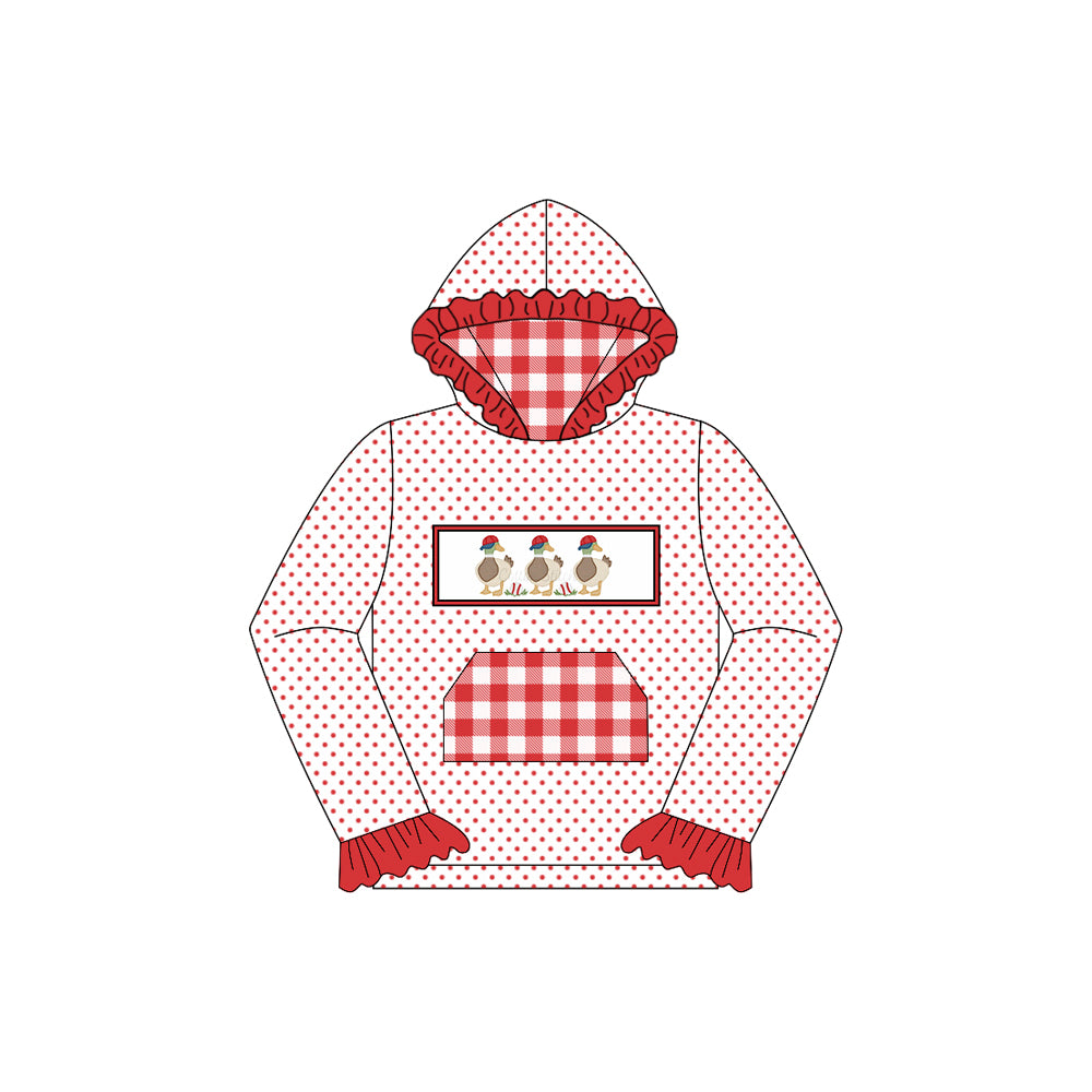 Red polka dots dog plaid pocket duck kids girls hoodie