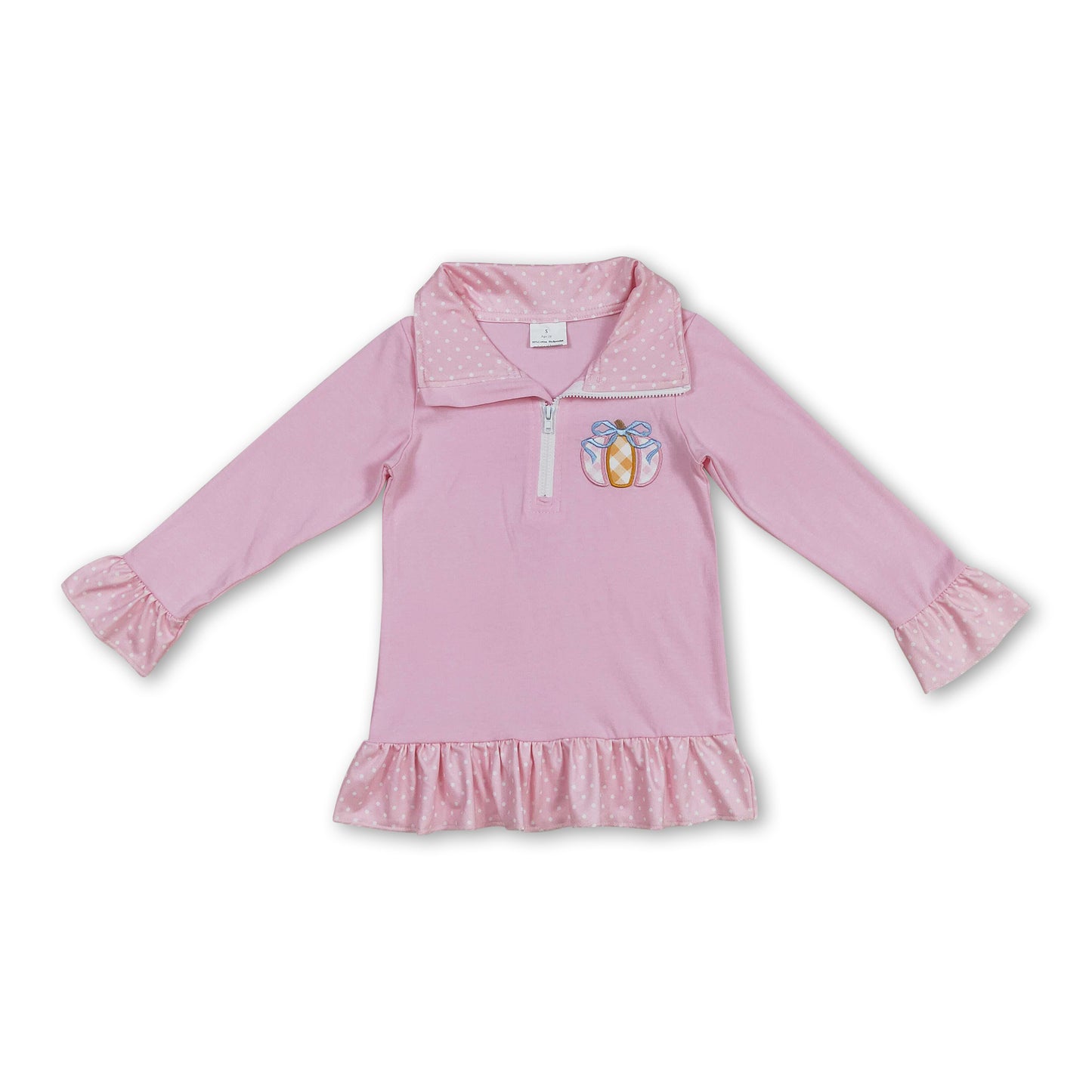 Pink polka dots pumpkin bow ruffle kids girls zip pullover