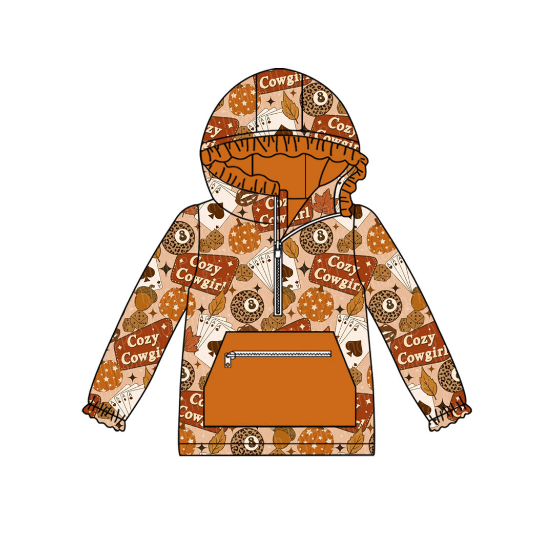 Long sleeves pumpkin cowgirl kids girls ruffle zipper hoodie