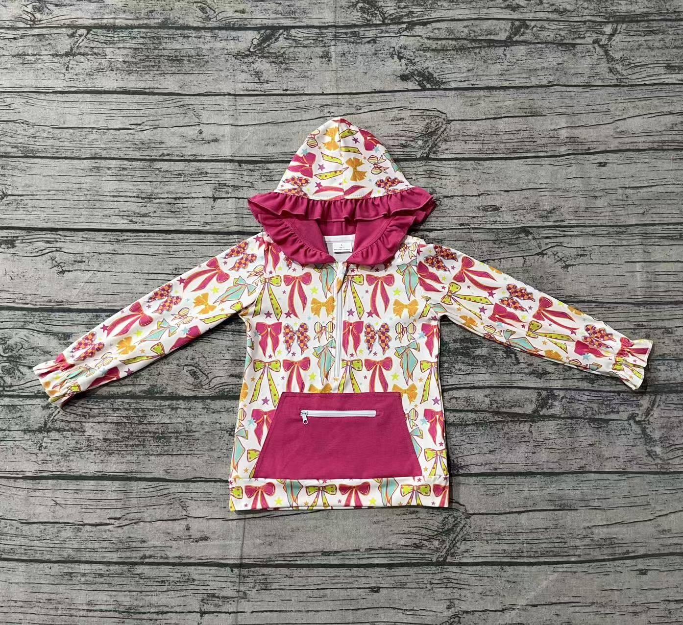 Long sleeves colorful bow hot pink pocket girls hoodie
