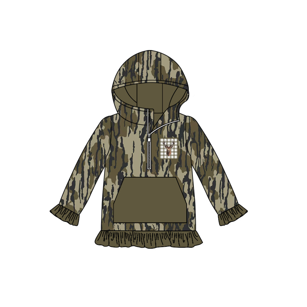 Ruffle pocket deer camo girls zipper pullover