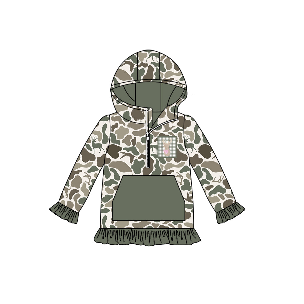 Ruffle pocket duck dog deer camo girls zipper pullover