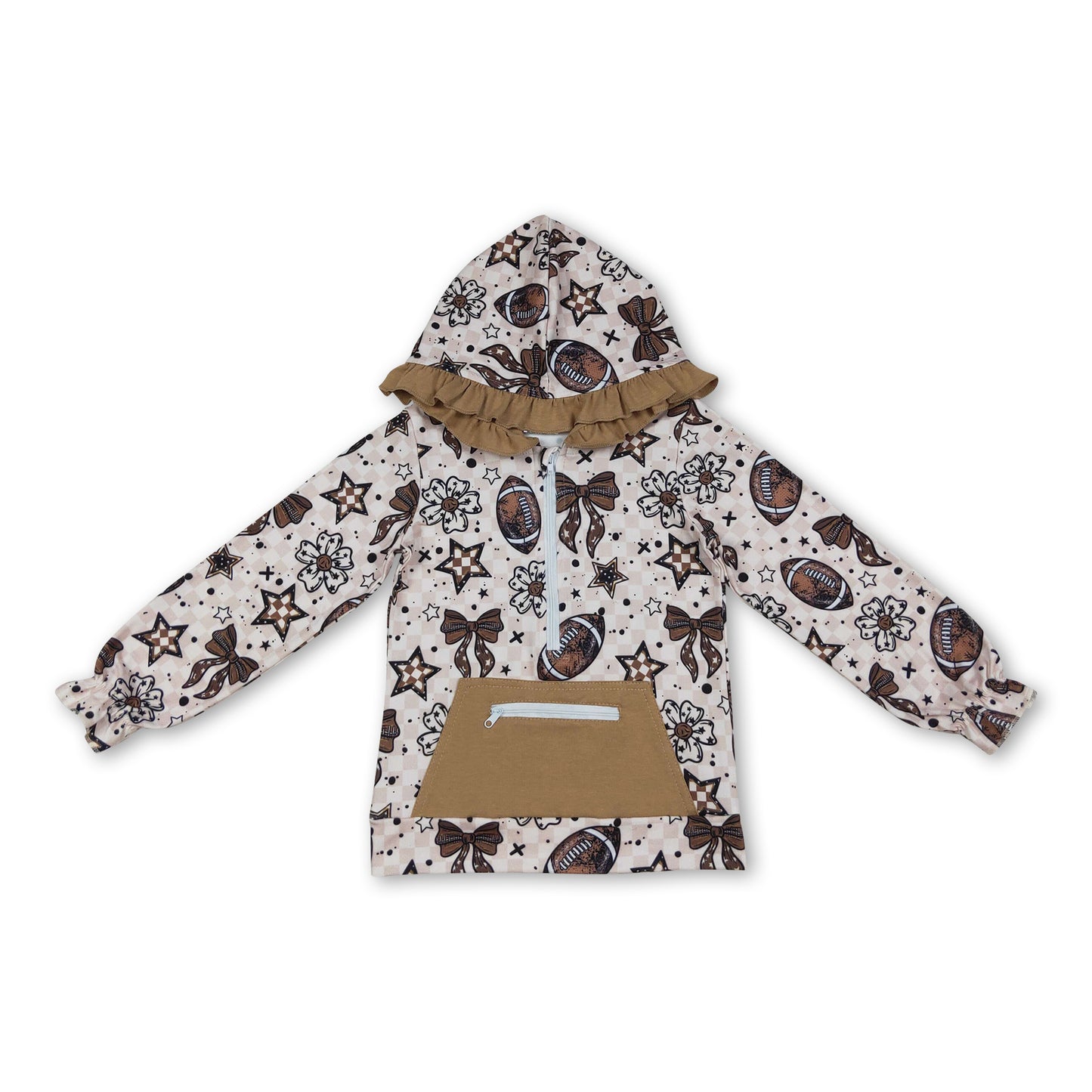 Long sleeves football bow floral kids girls zipper hoodie