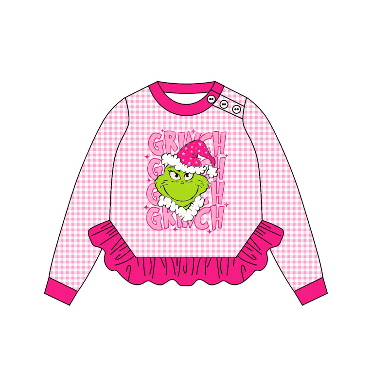 Long sleeves green face ruffle kids girls Christmas shirt