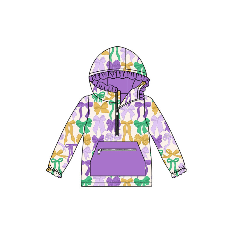 Purple yellow green bows kids girls Mardi Gras pullover