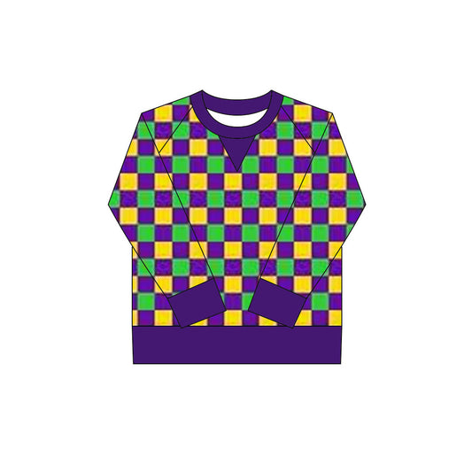 long sleeve purple yellow green plaid kids girls  top