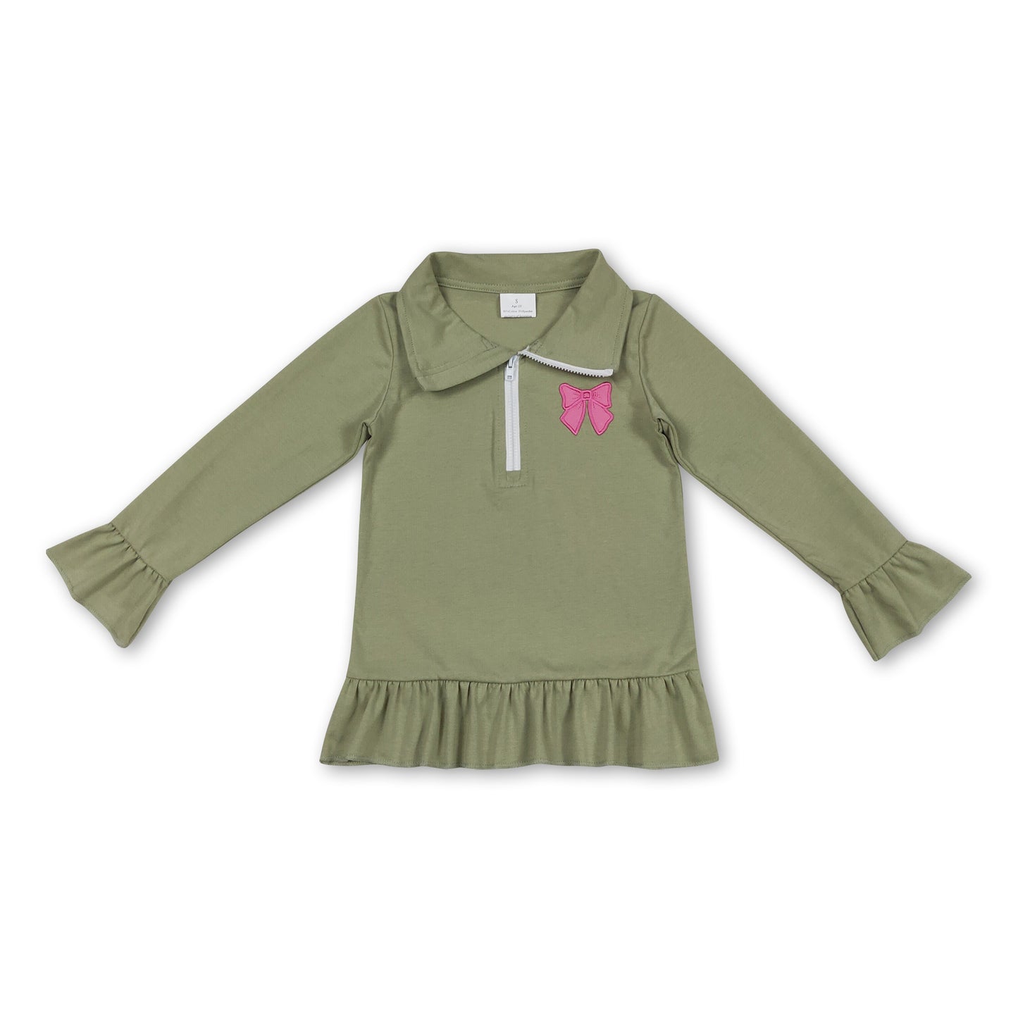 Long sleeves cotton ruffle bows kids girls zipper pullover