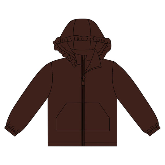 brown solid zipper pocket girl hoodie