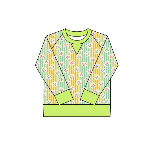 small flowers yellow green stripe print yoga girl long sleeve  top