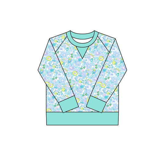 small cyan flowers print yoga girl long sleeve  top
