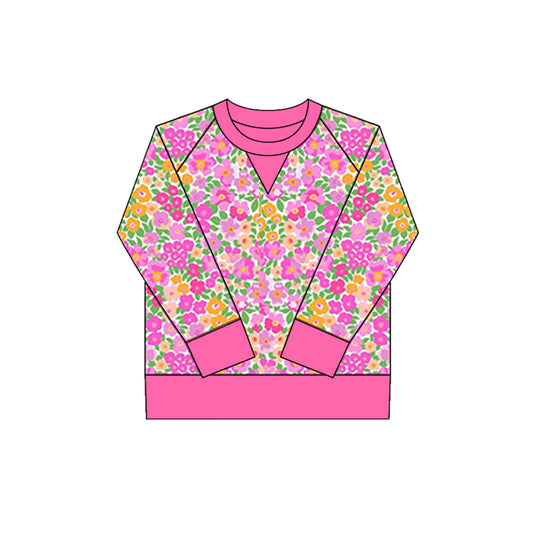 small flowers print yoga girl long sleeve hot pink top