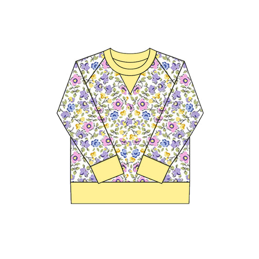 small flowers print yoga girl long sleeve yellow top