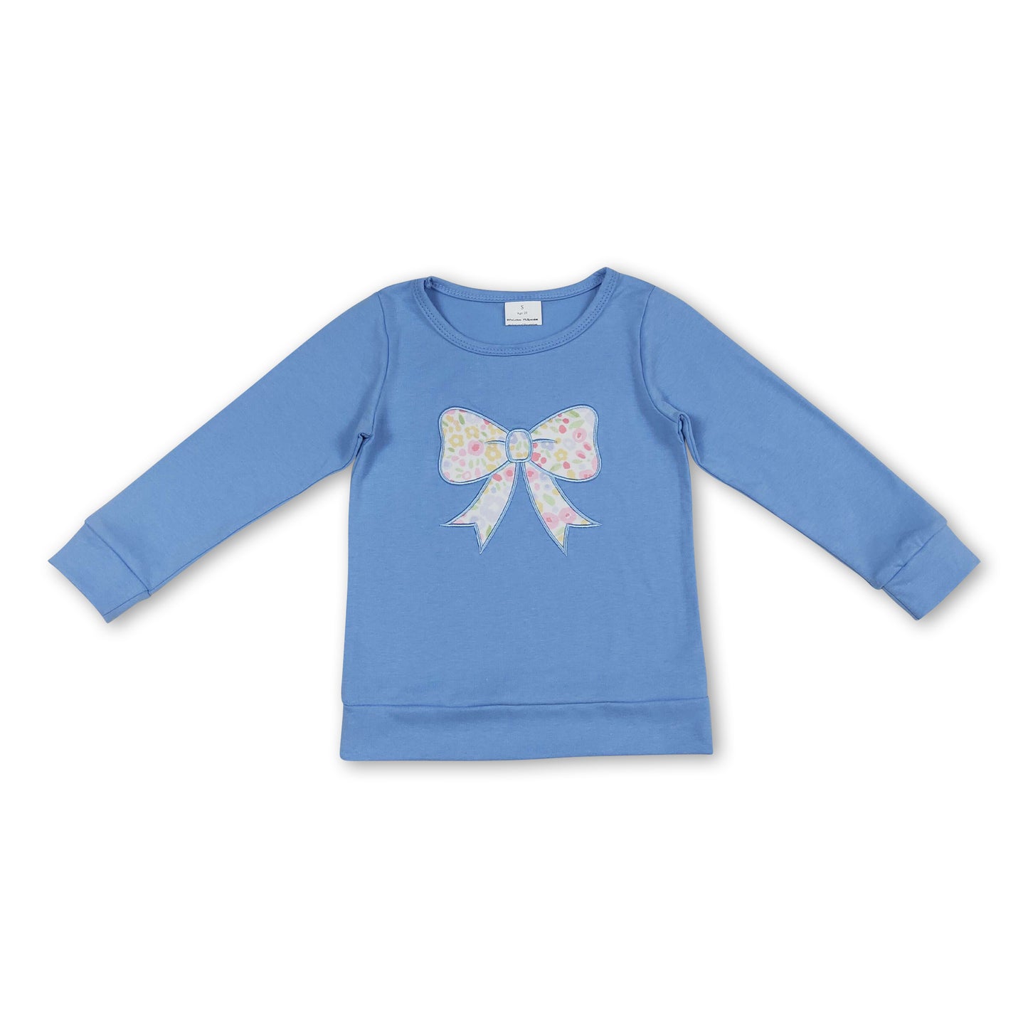 Light blue long sleeves floral bow embroidery girls shirt