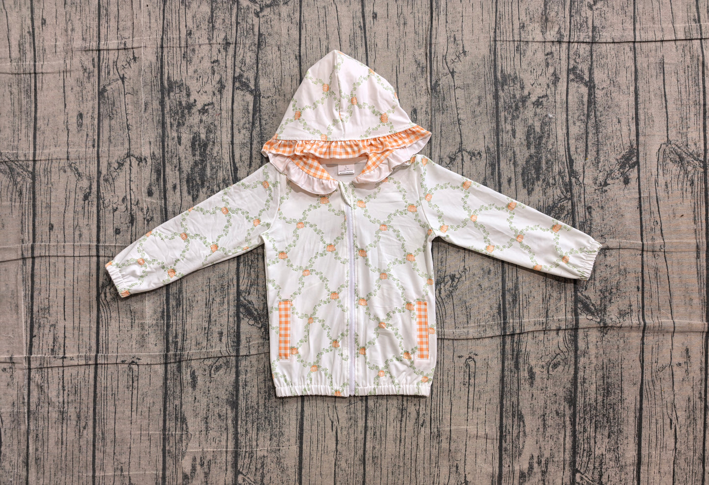 Pumpkin plaid pocket ruffle zipper girls fall hooded jacket