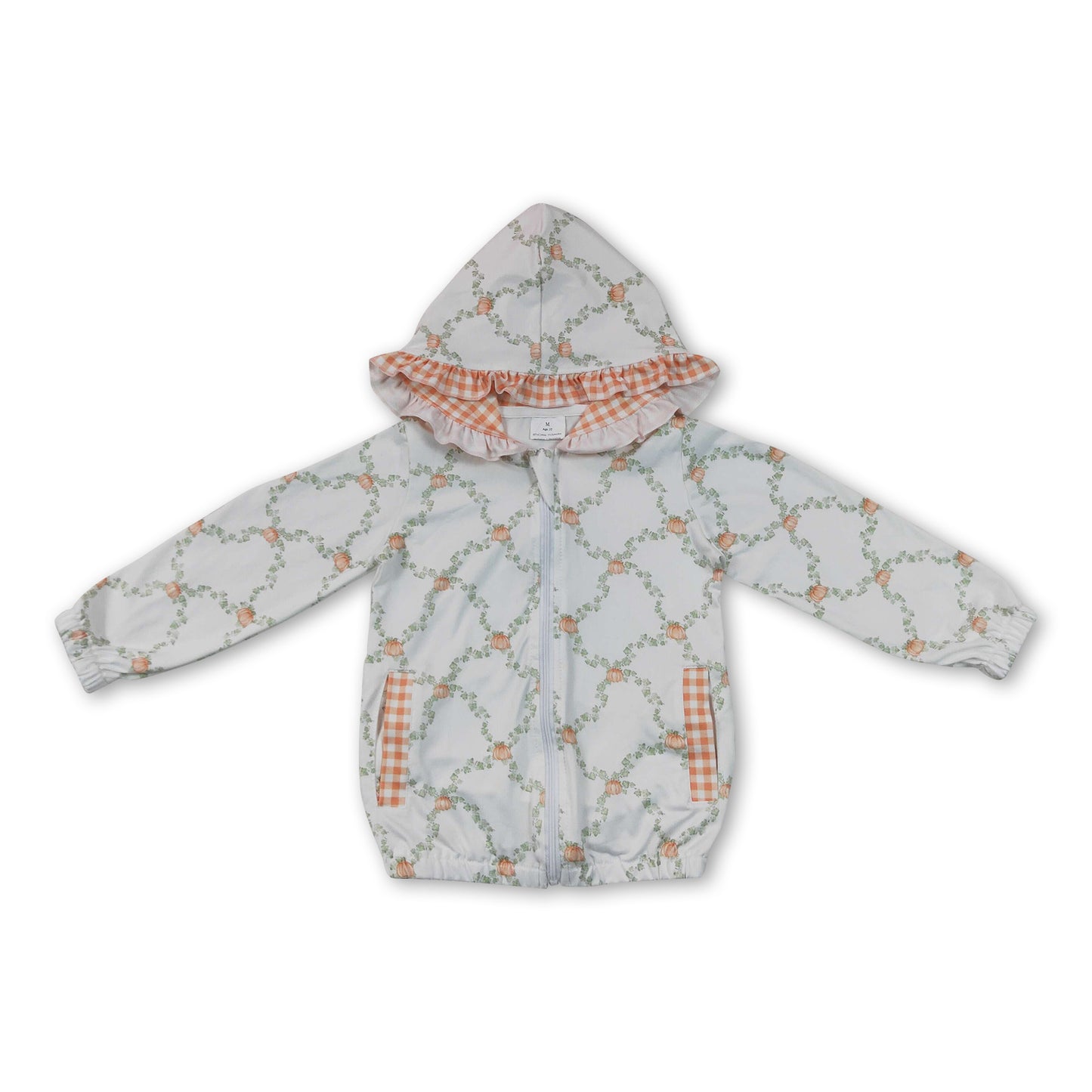 Pumpkin plaid pocket ruffle zipper girls fall hooded jacket