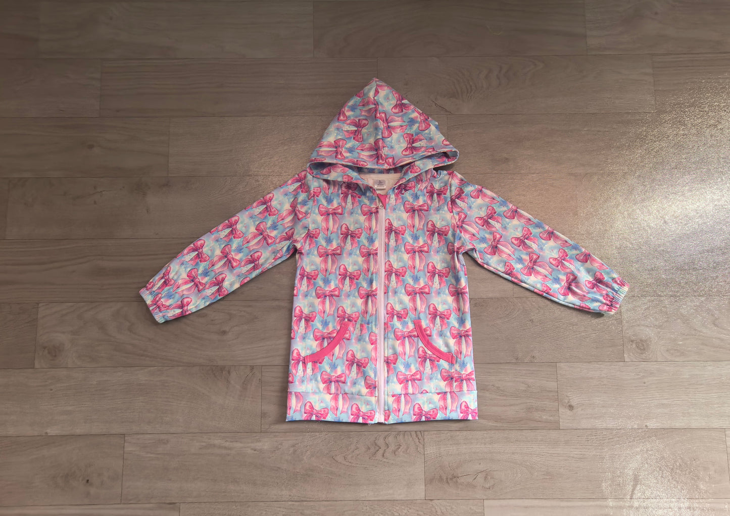 Long sleeves pink bow pocket girls zipper hooded jacket