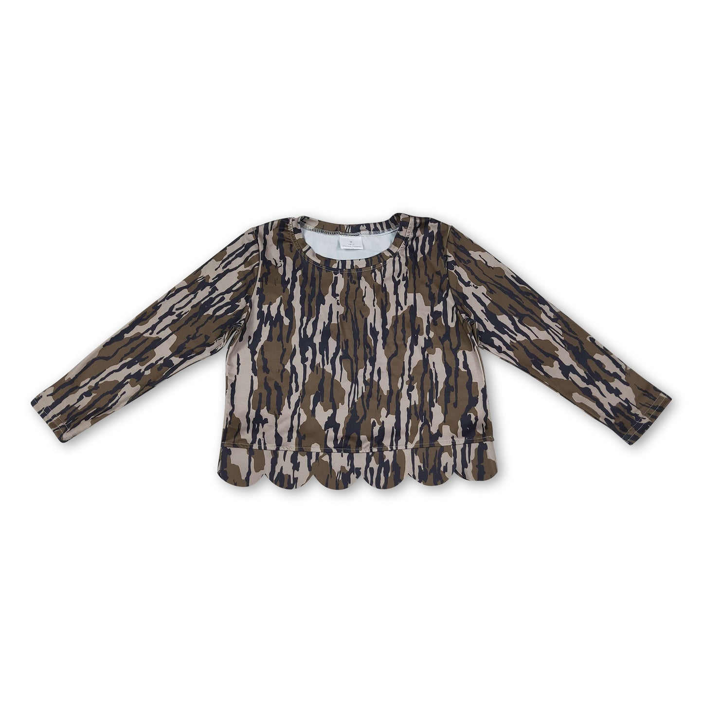 Long sleeves olive camo scallop kids girls top