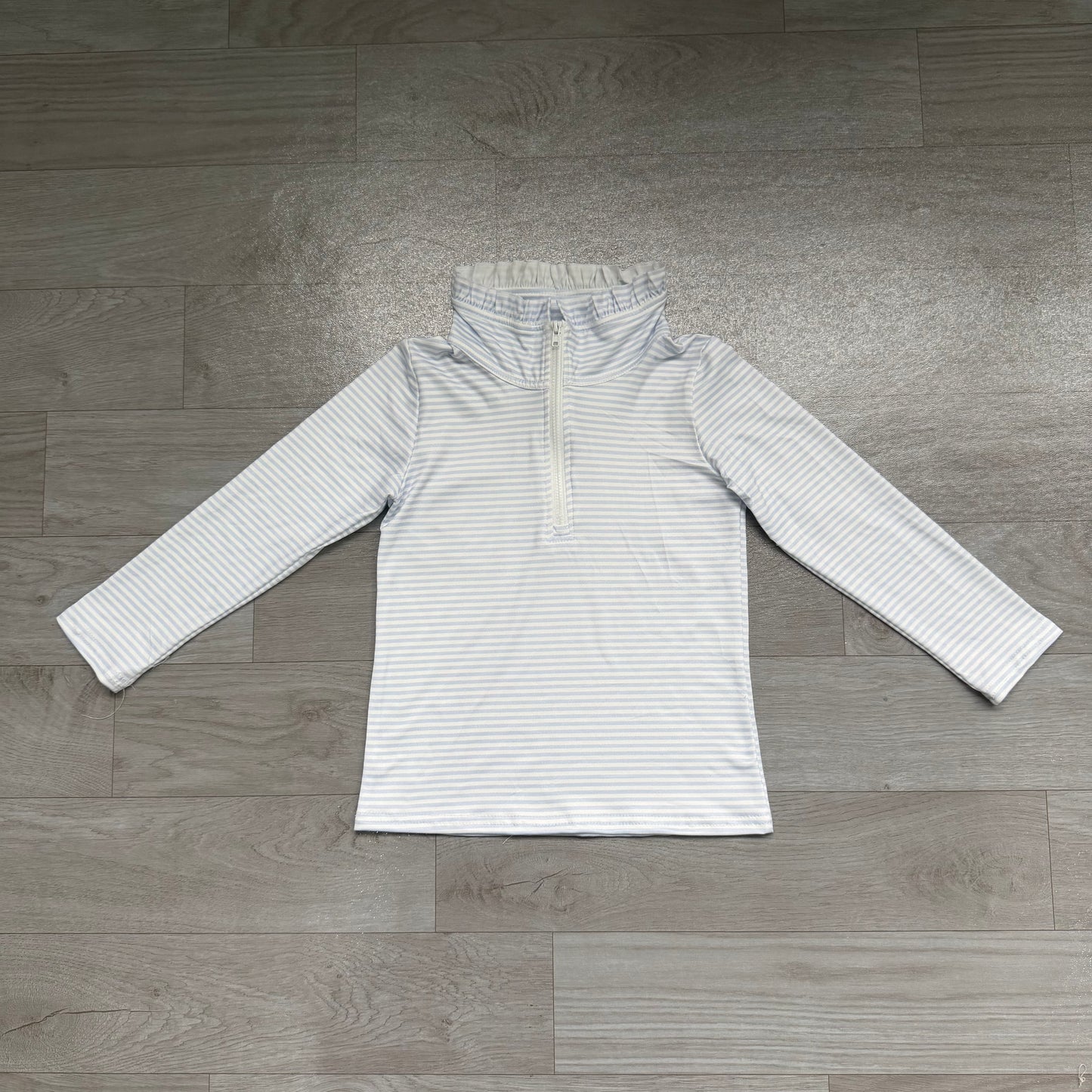 Long sleeves light blue stripe ruffle zipper girls pullover