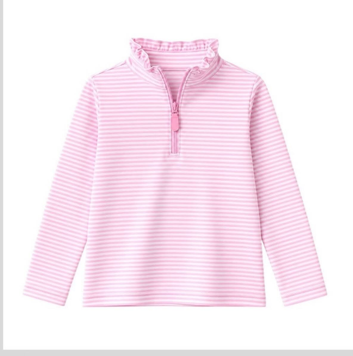 Long sleeves pink stripe ruffle zipper girls pullover